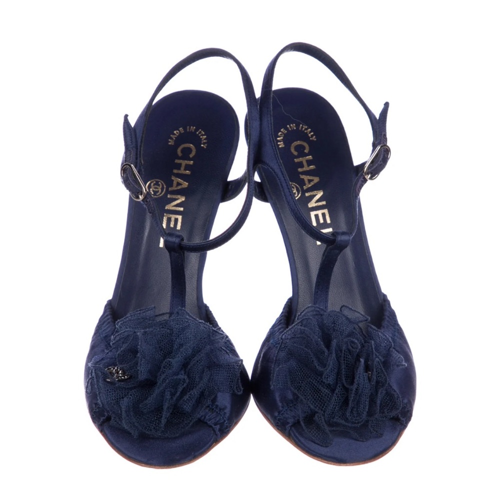 CHANEL Navy Blue Satin T-Strap Floral Tulle Sandals Heels Shoes AUTHENTIC!!